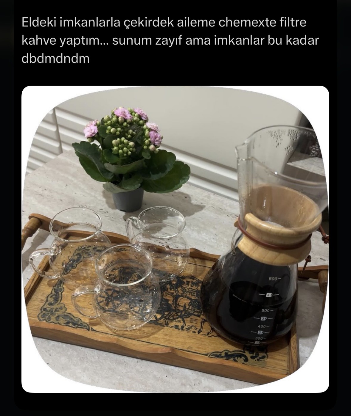 Desenli tepside cam fincanlar, kahve dolu Chemex ve arkada pembe çiçek.